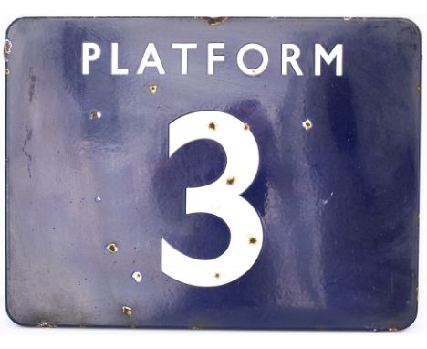 BR(E) FF enamel railway sign PLATFORM 3. In good condition with some face chipping, measures 24in x 18in.
