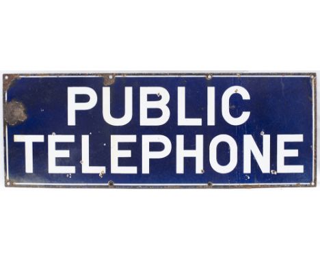 Enamel Post Office sign PUBLIC TELEPHONE. In good condition with some face chipping, measures 33in x 12in.