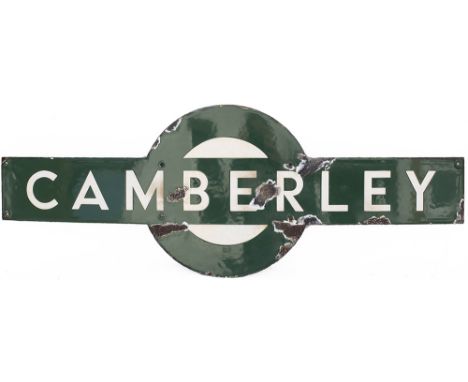 Southern Railway enamel target station sign CAMBERLEY from the former London &amp; South Western Railway station between Asco