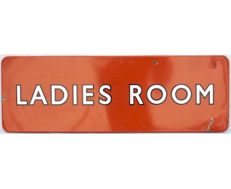 BR(NE) FF enamel railway sign with black edged letters LADIES ROOM. In good condition with some face chipping, measures 36in 