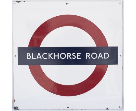 London Underground enamel Target/Bullseye station sign BLACKHORSE ROAD. Measures 24in x 24in and is in very good condition wi
