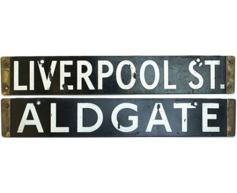 London underground stock enamel destination board, LIVERPOOL ST - ALDGATE. In very good condition complete with brass ends. M