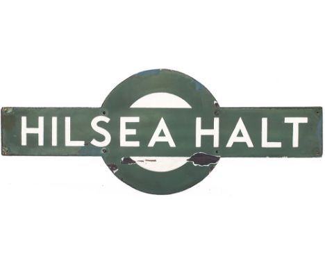 Southern Railway enamel target station sign HILSEA HALT from the former London and South Western Railway station between Hava