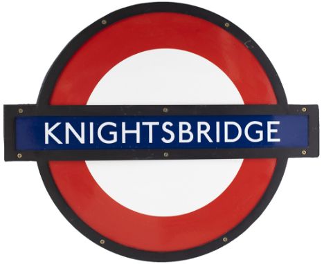 London Underground enamel target/bullseye sign KNIGHTSBRIDGE. In very good condition with a brass frame that has been painted