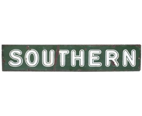 Southern Railway Double Royal enamel poster board heading SOUTHERN. In good condition with some face chipping. This is the ro