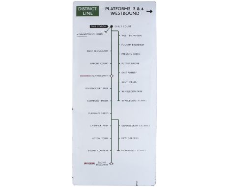 London Transport FF route diagram enamel sign. DISTRICT LINE PLATFORMS 3 &amp; 4 WESTBOUND. Shows routes from Earl's Court to