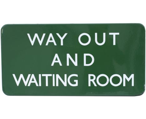 BR(S) FF enamel railway sign WAY OUT AND WAITING ROOM measuring 24in x 12in. In very good condition with minor edge chipping.