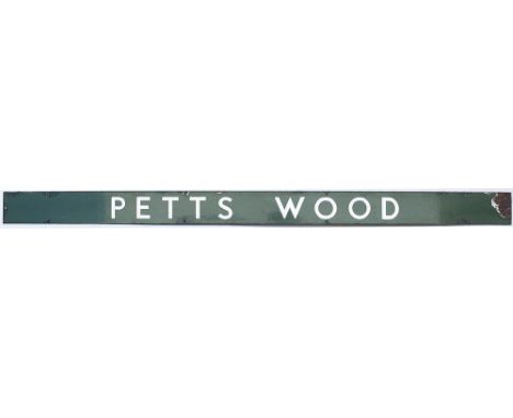 British Railways Southern Region enamel seat back PETTS WOOD from the former South Eastern and Chatham Railway station betwee