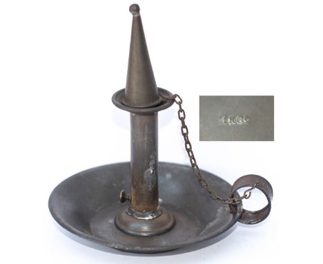 Midland Railway candle lamp. In very good condition complete with snuffer and chain, stamped MR Co underneath. Measures 7in d