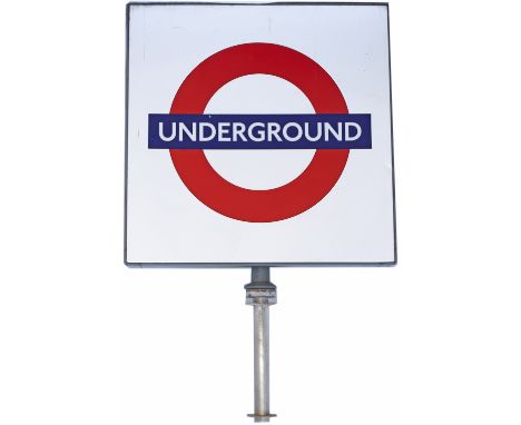 London Underground station forecourt display sign UNDERGROUND. Screen printed aluminium with central illuminated underground 