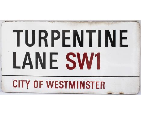 Enamel London motoring Road Sign TURPENTINE LANE SW1  CITY OF WESTMINSTER. Fully flanged enamel in very good condition with m