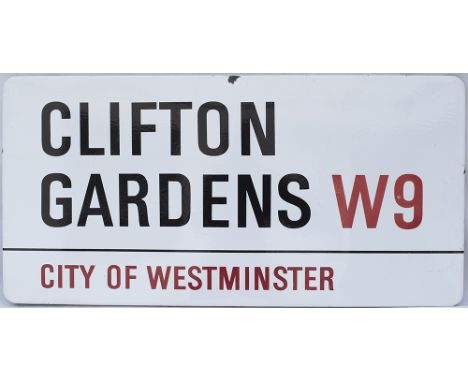 Enamel London motoring Road Sign CLIFTON GARDENS  W9  CITY OF WESTMINSTER. Fully flanged enamel in very good condition with m