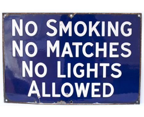 Advertising Petrol enamel sign NO SMOKING NO MATCHES NO LIGHTS ALLOWED. In very good condition with minor edge chipping, meas