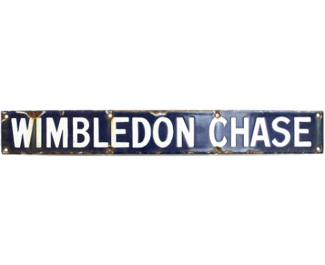 Southern Railway enamel indicator board WIMBLEDON CHASE, ex Waterloo Station departure board. In good condition with some edg