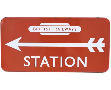 BR(NE) FF enamel direction sign STATION with British Railways totem and left facing arrow. In excellent condition. Measures 2