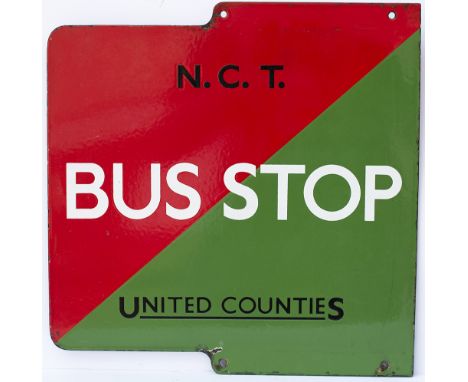 Bus enamel sign N.C.T/ UNITED COUNTIES BUS STOP. A rare double sided sign from Northampton measuring 16in x 16in. NCT was the