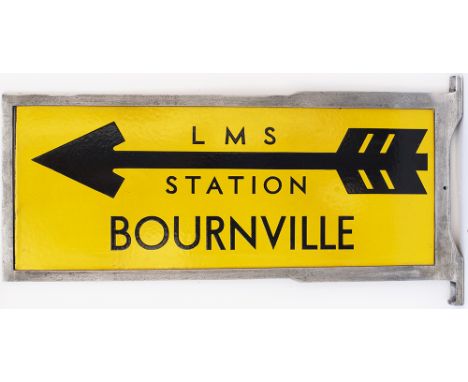 LMS enamel station direction sign LMS BOURNVILLE STATION. Double sided enamel in original aluminium wall mounted frame. In ex