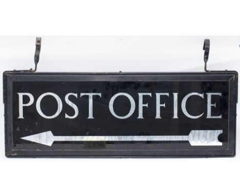 Post Office street direction sign POST OFFICE with arrow. Double sided glass with original steel frame with hanging hooks. In