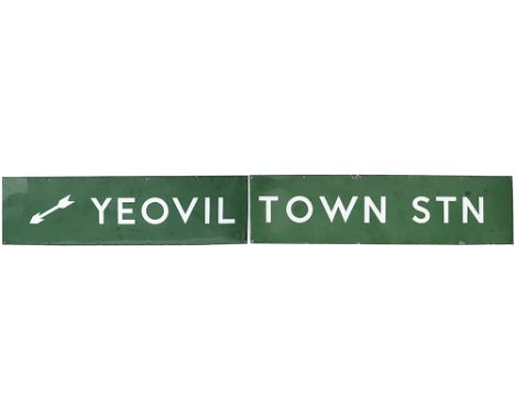 Southern Railway enamel station road direction sign. YEOVIL TOWN STN with left facing arrow. IN two sections 57in x 16in and 