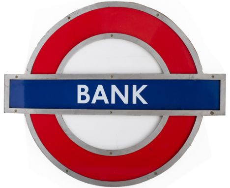 London Underground enamel target/bullseye sign BANK. In very good condition with an original aluminium frame, mounted on boar