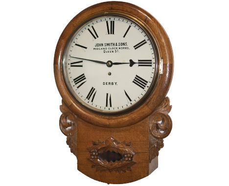 Midland Railway oak cased 12in drop dial fusee clock by John Smith &amp; Sons of Derby circa 1880. The English fusee movement