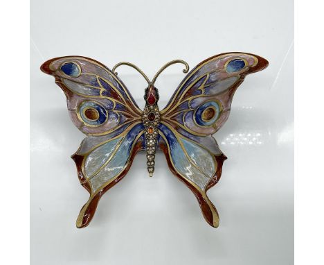 Stunning enamel inlay in purples, blues and browns with Swarovski crystals embellishing the body. Set on gold tone metal with