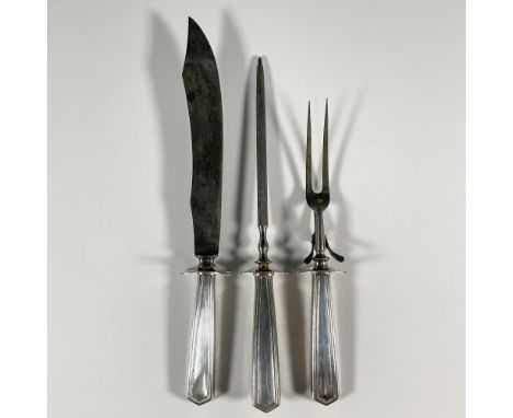Includes the knife, the meat fork, and the sharpener. Hallmarked and stamped sterling on the handles. Knife: 14.5"L x 1.75"W 