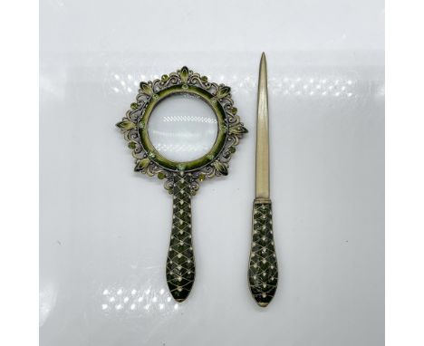 Charming set for any desk. This dark green enamel is set in brass with green Austrian crystals. Magnifier: 5.75"L x 3.25"W. L