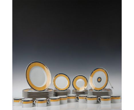 Impressive dinner service set for 10 in white, yellow, and multicolor porcelain by Rosenthal Renaissance Serena. Each piece f