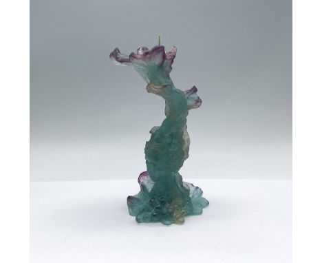 A figural amethyst and turquoise pate de verre with a cold-tone candle picket spire. Daum France etched on the underside. Dim