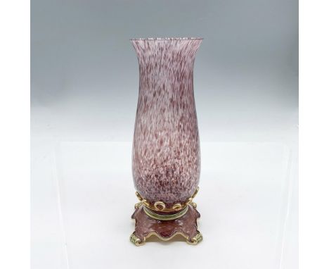 Beautiful purple swirl glass vase with decorative enamel and gold tone base embellished with Swarovski crystals. Jay Strongwa