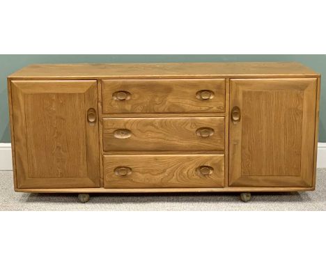 ERCOL WINDSOR LIGHT ELM SIDEBOARD - having three central drawers flanked by two cupboard doors, 69cms H, 155cms W, 43cms D