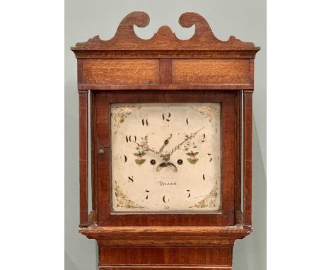 CIRCA 1840 INLAID OAK &amp; MAHOGANY LONGCASE CLOCK - painted dial marked Denbigh, eight day bell strike movement with twin w