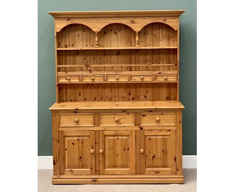 PINE DRESSER - fine reproduction example with spice drawers and two shelf rack over a base section with three drawers and thr