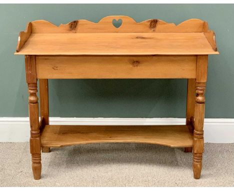 PINE WASHSTAND - modern, splashback top on turned and block supports with potboard shelf, 84cms H, 106cms W, 45cms D