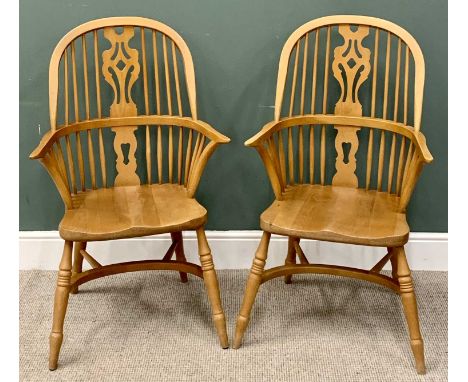 LIGHT ELM WINDSOR ARMCHAIRS - a fine modern pair with pierced splat, comb and spindlebacks, shaped seats and crinoline stretc