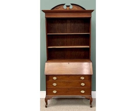 EDWARDIAN MAHOGANY BUREAU BOOKCASE - having a three shelf broken arch top, a drop down centre section revealing pigeonholes a