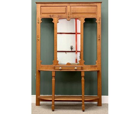 CIRCA 1900 MEDIUM OAK HALLSTAND - fine example with central mirror over a single drawer, base shelf, multiple coat hooks, 211