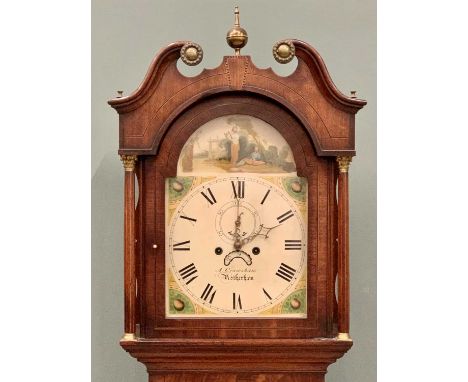 EARLY 19th CENTURY LONGCASE CLOCK - mahogany case, painted arched dial set with Roman numerals subsidiary seconds dial and da