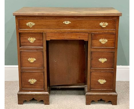 MAHOGANY KNEEHOLE DESK - single frieze drawer and blind drawer with cupboard to the kneehole and three drawers to either pede