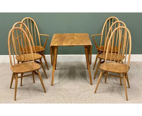 ERCOL LIGHT ELM TABLE &amp; CHAIRS - drop leaf table, 72cms H, 137cms W, 74cms D (open) and six (four plus two) tall hoop bac