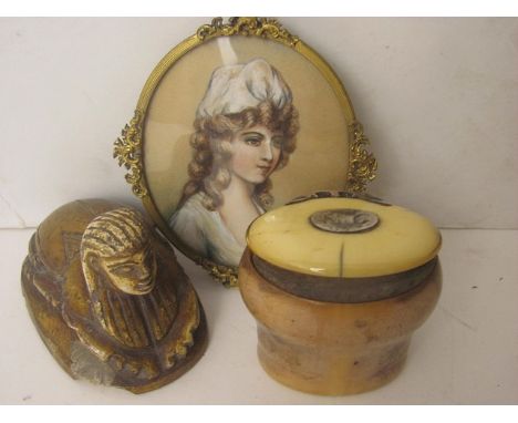 A small group of items consisting a Georgian vegetable ivory snuff box with ivory lid having white metal hinge and cartouche 