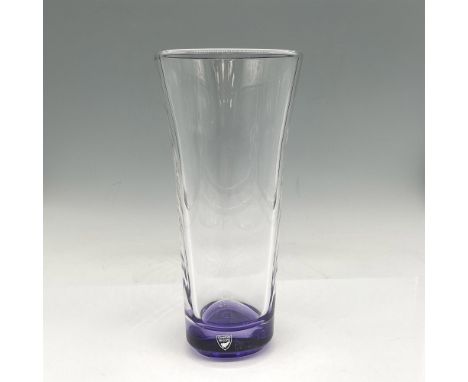 Clear triangle shaped crystal vase with soft violet colored rim and base. Orrefors etched mark. This item has its original bo