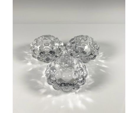 Trio of thick clear crystal in the raspberry pattern. Orrefors etched backstamp. Includes certificate and their original boxe