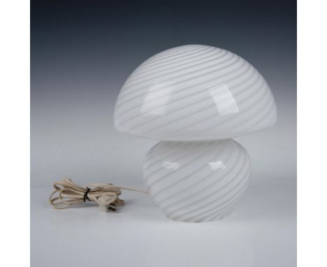 Vintage mushroom lamp crafted from mouth-blown glass in elegant swirled white shade. Issued: c. 1970Dimensions: 12"H x 11" di