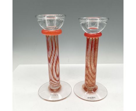 These vintage holders are tall with orange striped column and orange ring neck with clear holder and base. Signed by artist. 