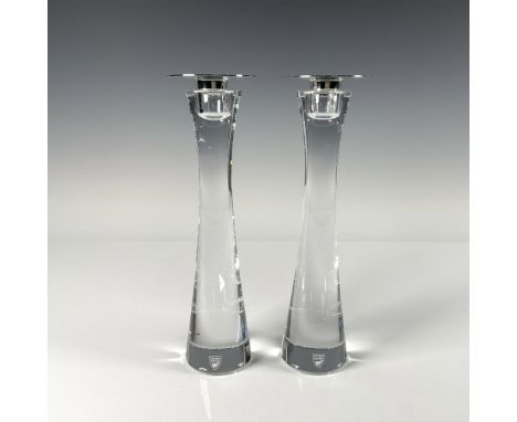 Beautiful duo of thick tall clear crystal, also includes two metal candle rims holders. Orrefors etched backstamp. Includes t