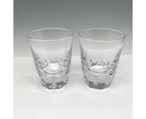 Pair of clear crystal tumblers with triangle tapered base. Orrefors mark. This item has its original box: 9"L x 6"W x 6"H. Is