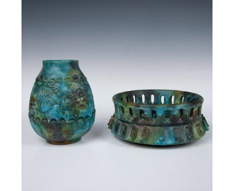 Reticulated decorative bowl and complementary vase featuring a captivating fish motif, both adorned in a unique blue-green an