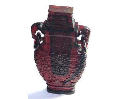 Large Vintage cherry Amber / bakelite type Chinese vase measures approx 27cm tall lid has chips can be seen in images 